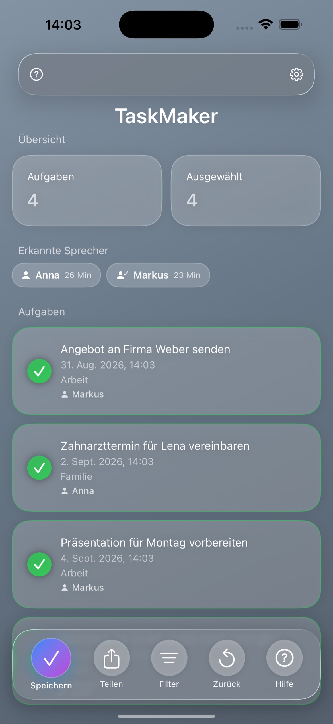 TaskMaker iOS: erkannte Sprecher mit Redezeiten und Aufgaben je Person