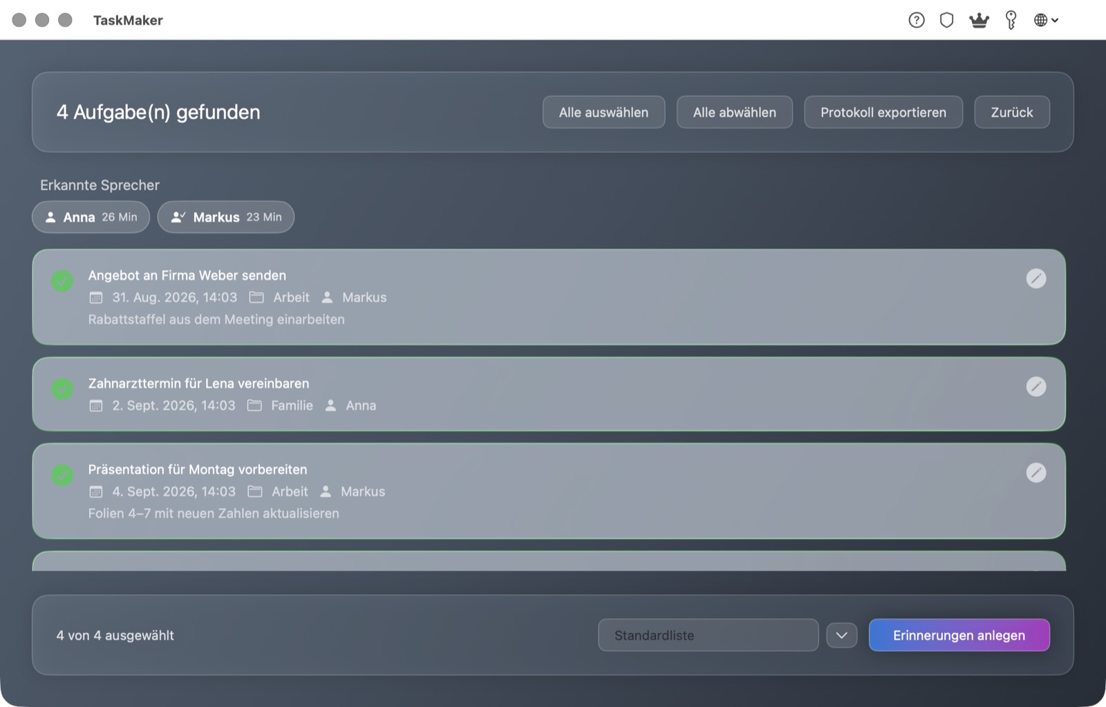TaskMaker macOS: Sprecher-Chips mit Redezeiten und Zuständigkeit pro Aufgabe