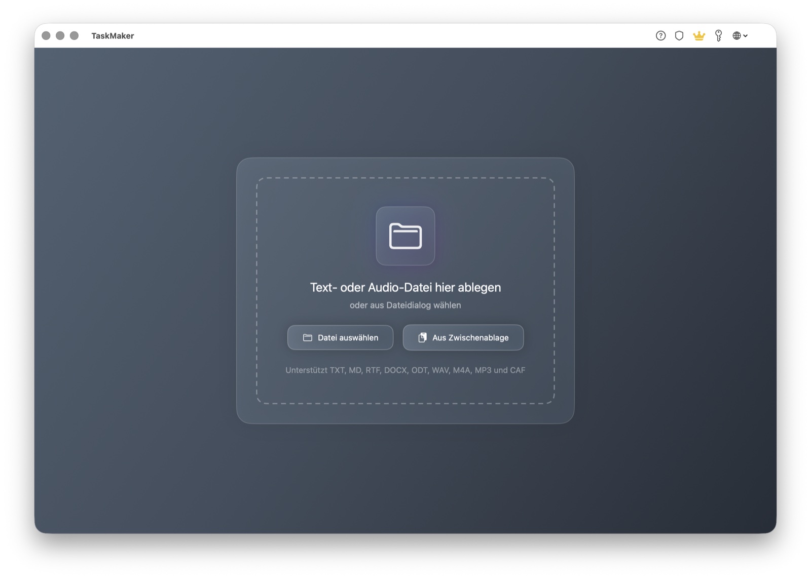 TaskMaker macOS Startbildschirm